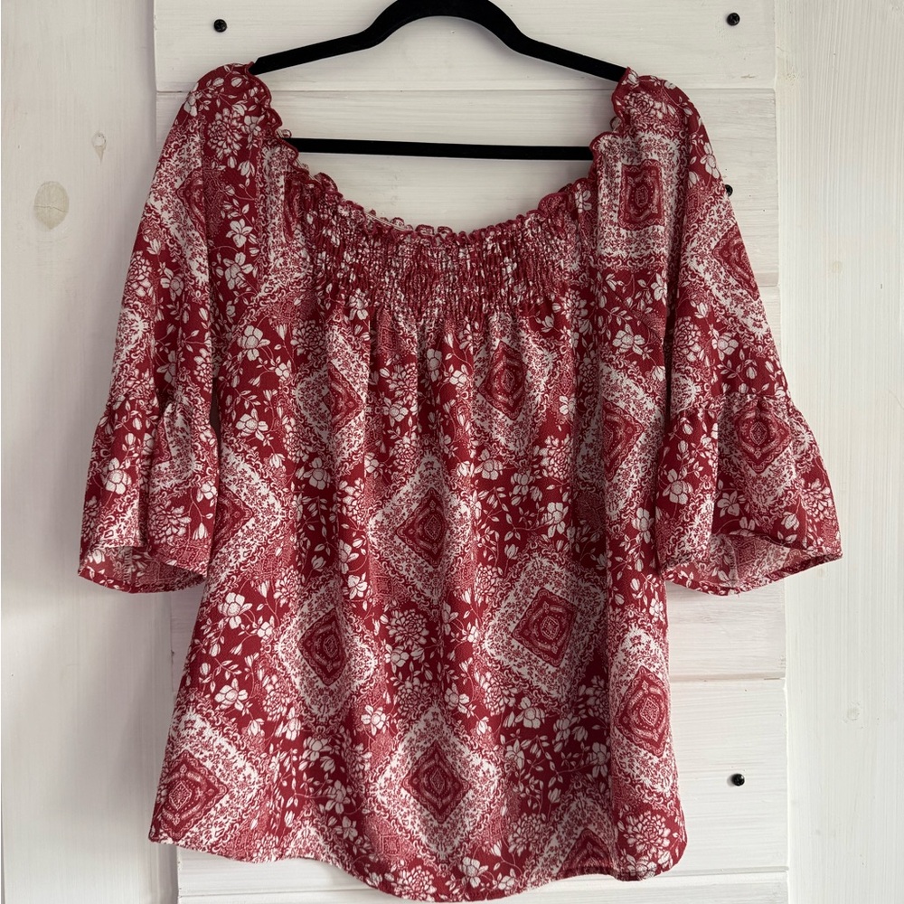 Potter's Pot Red and White Smocked Flutter Sleeve Blouse